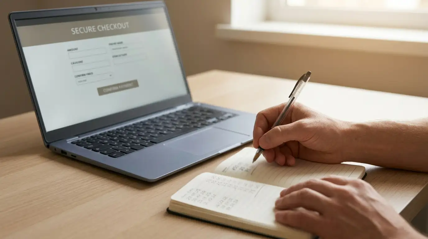 Person writing figures in a notebook next to an open laptop showing a payment screen