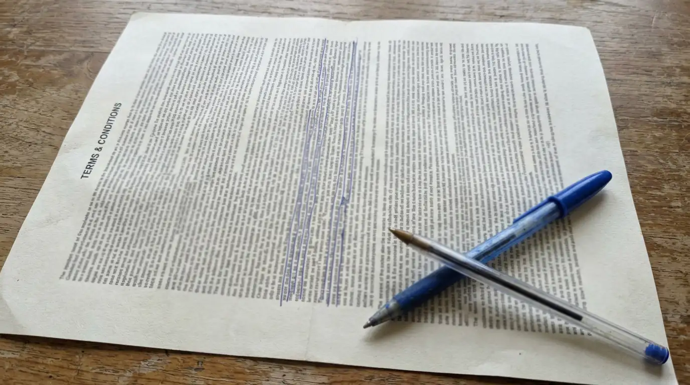 Printed terms and conditions page with several lines underlined in pen