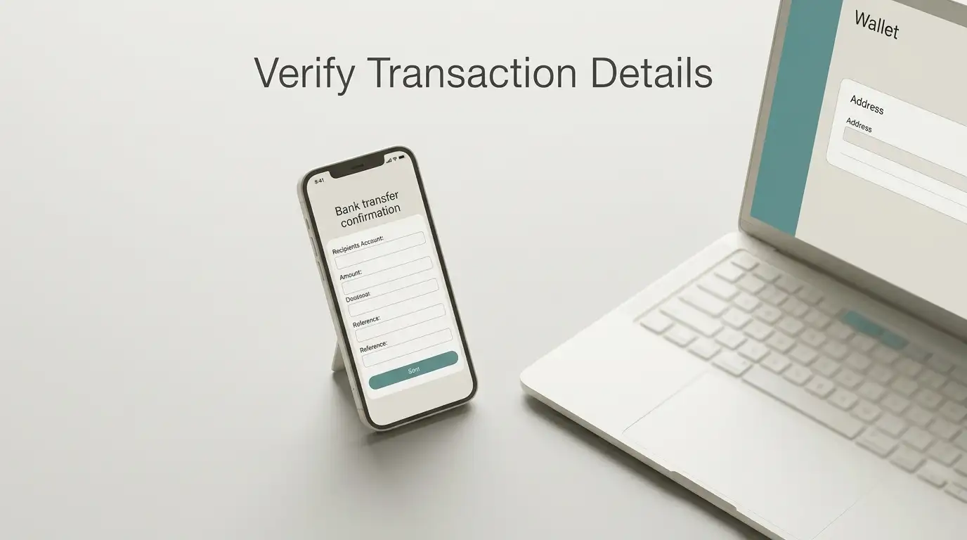 Smartphone showing a neutral banking transfer screen beside a crypto wallet on a laptop