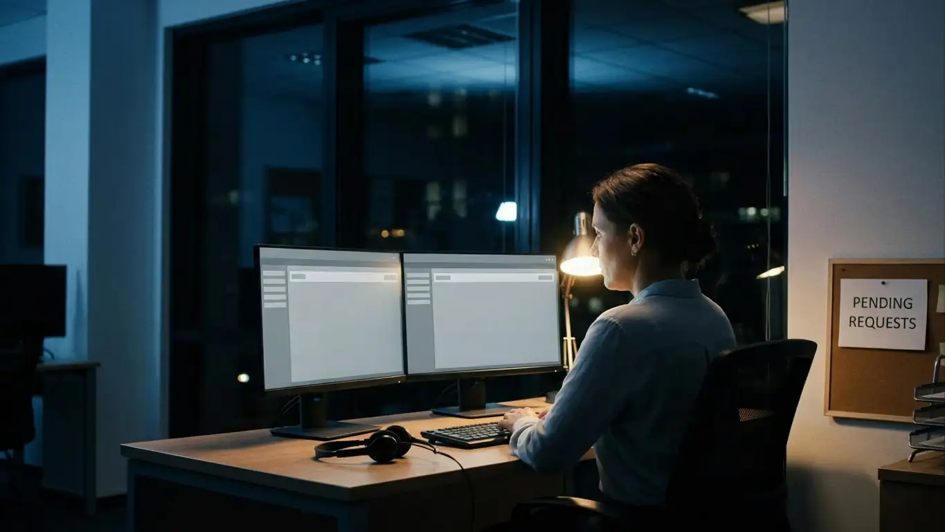 Withdrawal approval queue reviewed by staff at a night desk in a quiet office