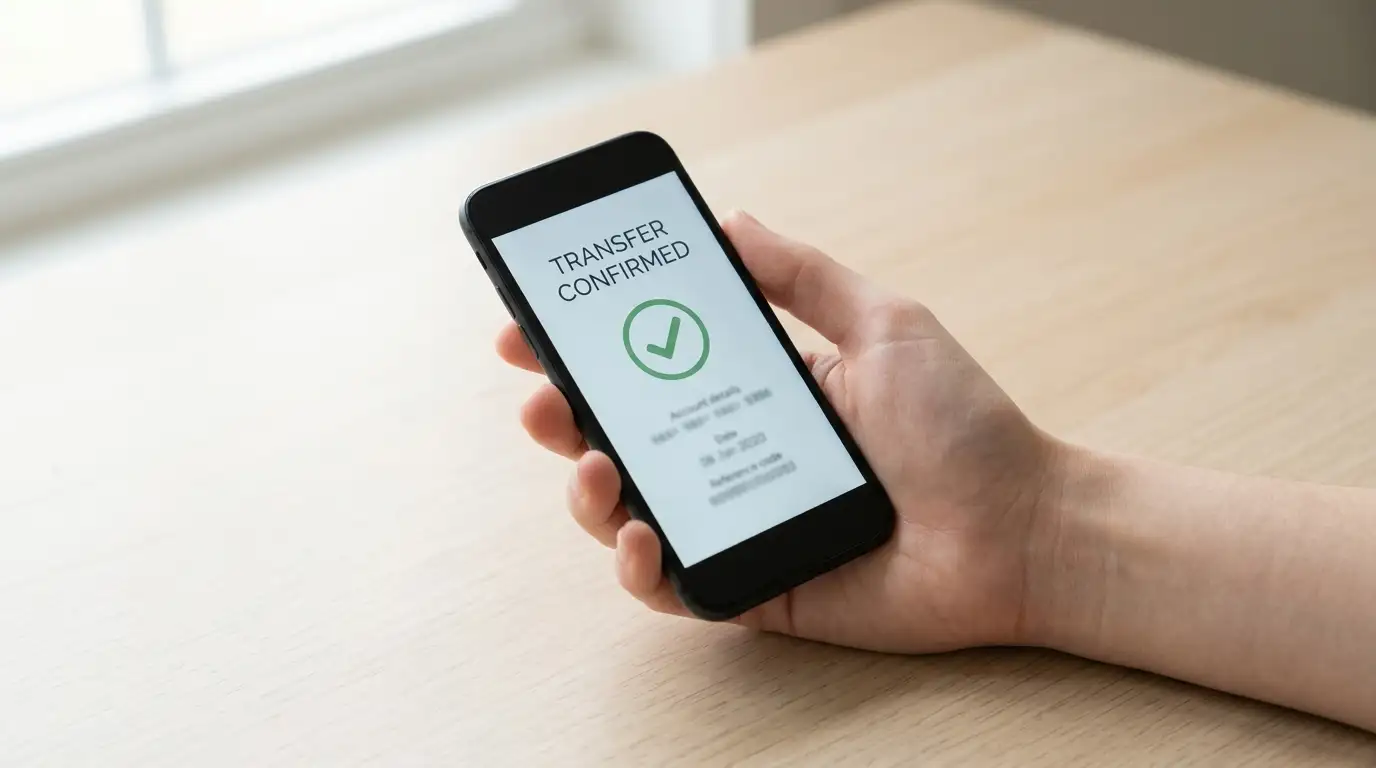 Smartphone showing a plain real-time transfer confirmation screen held over a wooden desk