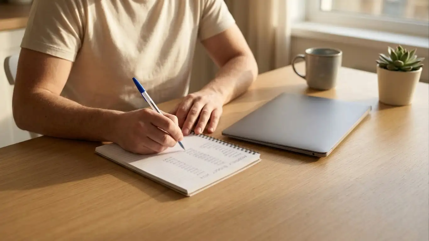 Person working through figures with pen and notepad at a kitchen table