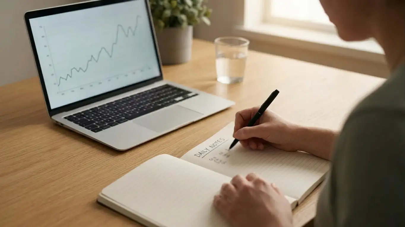 Withdrawal caps and daily limits written out by hand on a notepad beside a laptop