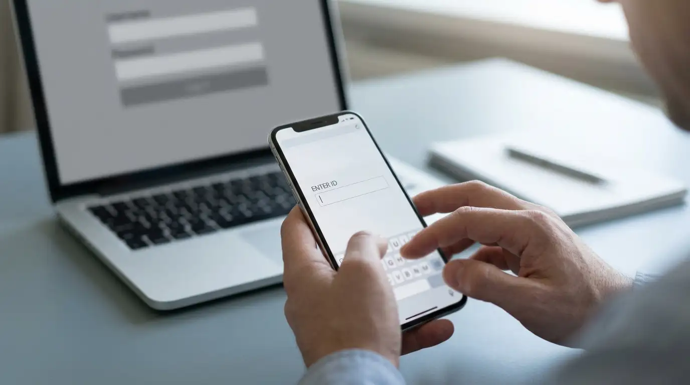 Player entering a PayID identifier on a phone while a laptop shows a withdrawal tab