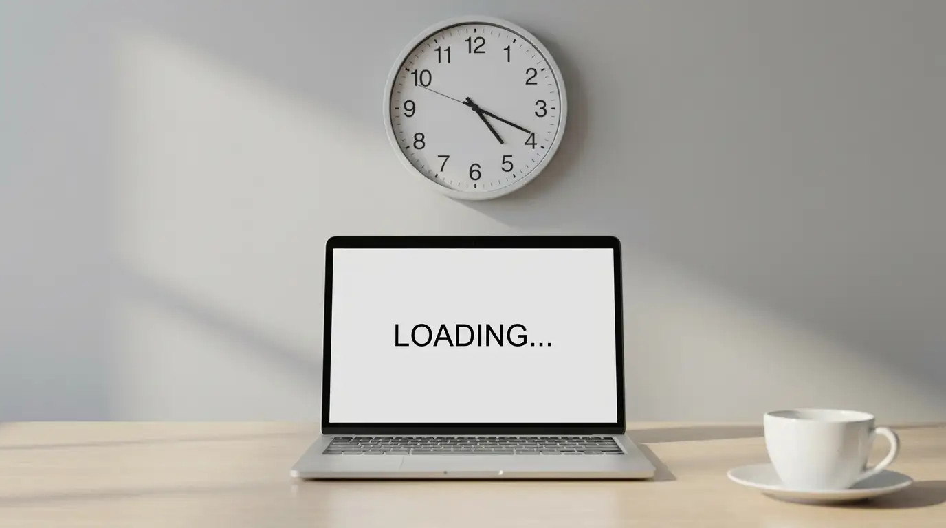 Wall clock beside a laptop showing a pending withdrawal request on a plain screen