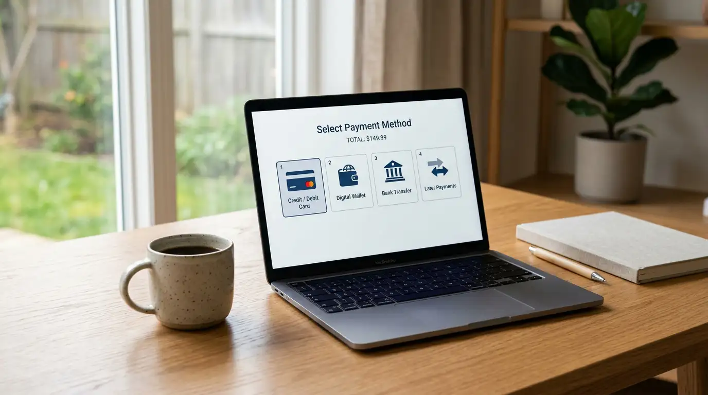 Laptop on a desk showing an online casino cashier with Australian payment options