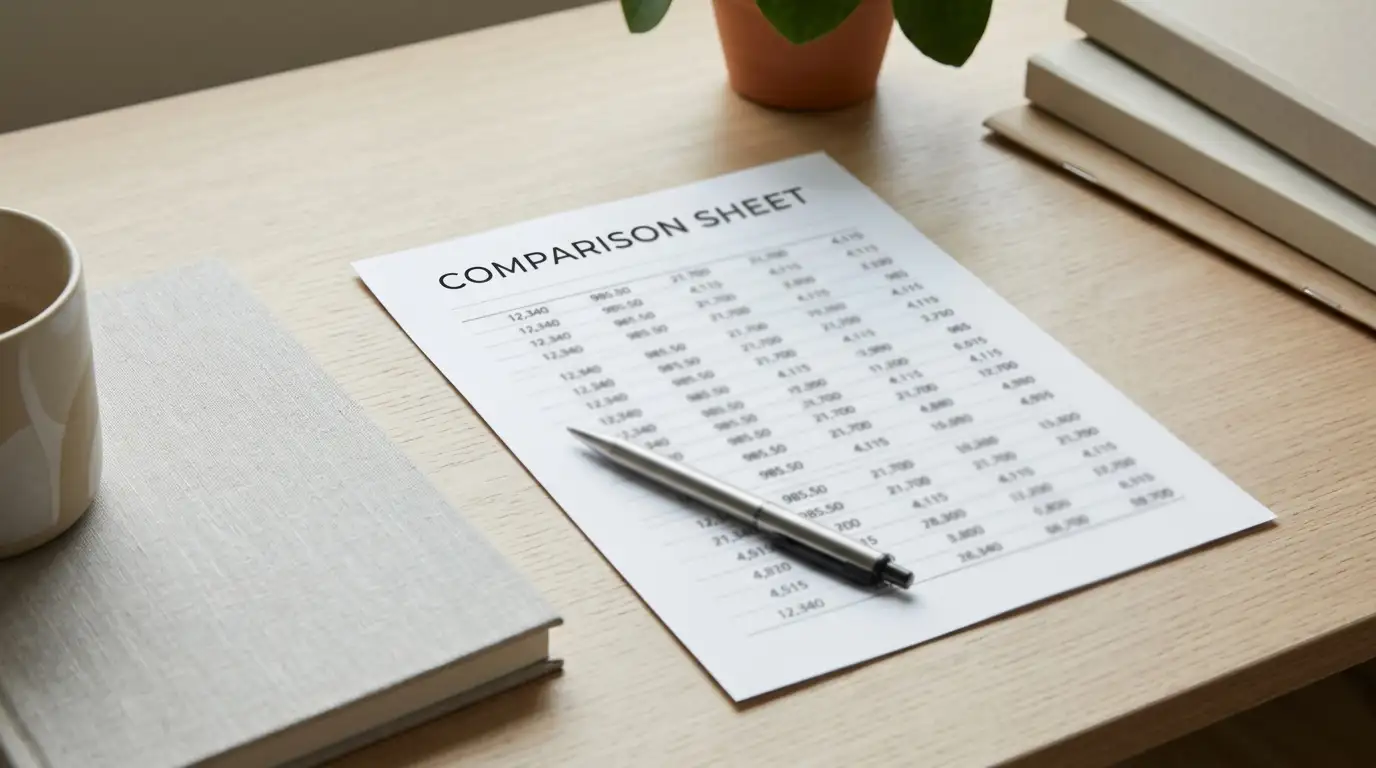 Desk with a printed comparison sheet listing casino sites, licences and deposit minimums
