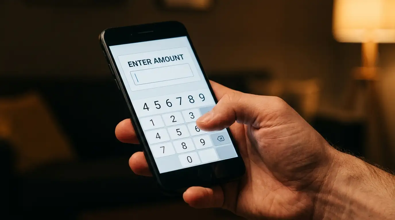 Hand entering a sixteen-digit code into a payment field on a phone screen