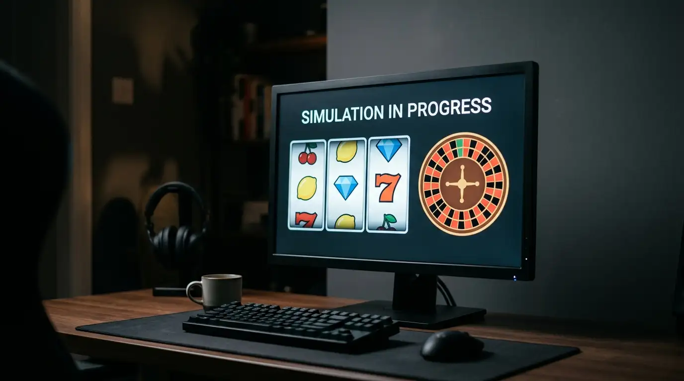 Unbranded slot reels and a roulette wheel on a tidy screen in a dim room