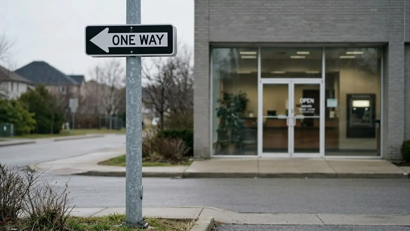 One-way road sign on a quiet street beside a bank branch entrance