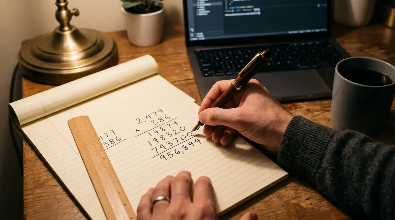 Hand working through wagering figures with a pen on a notepad beside a laptop