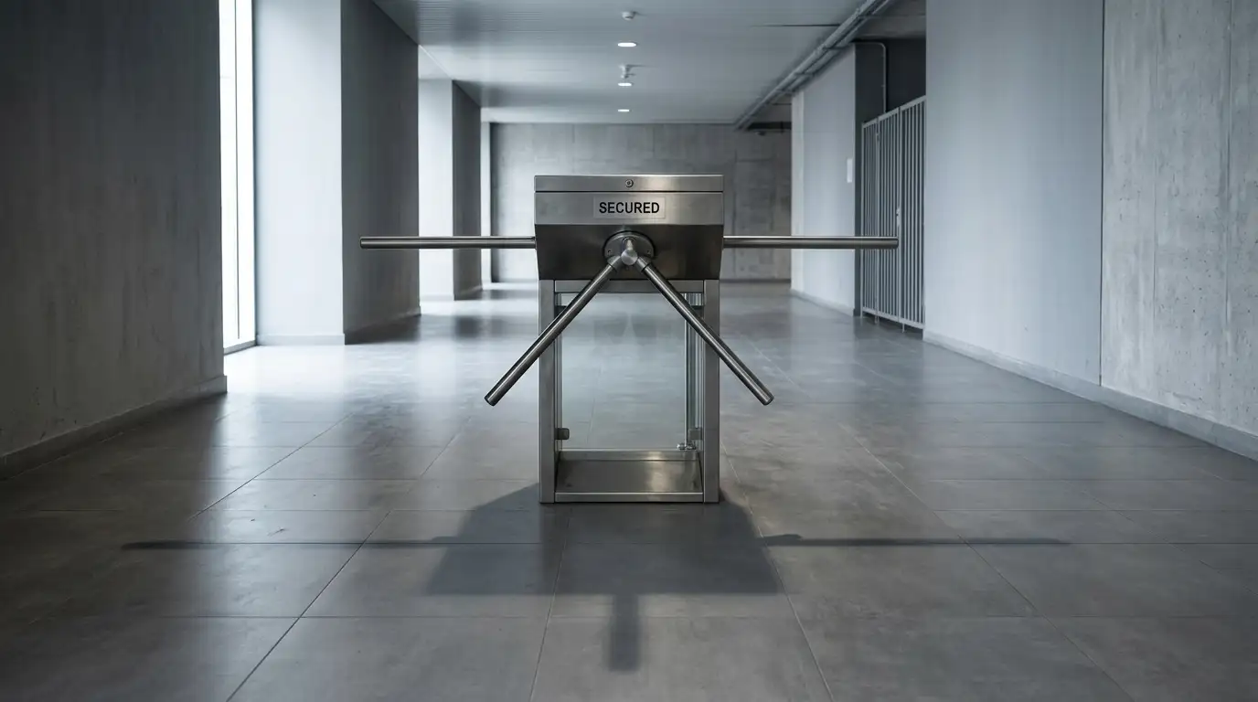Closed turnstile gate in an empty corridor lit from one side