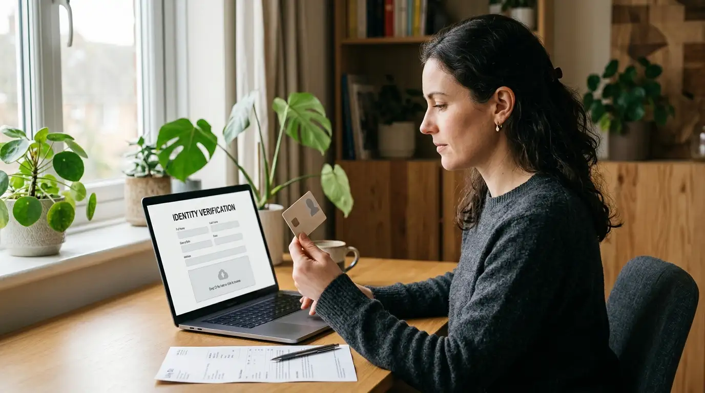 Person at a desk holding an identity document beside an open laptop
