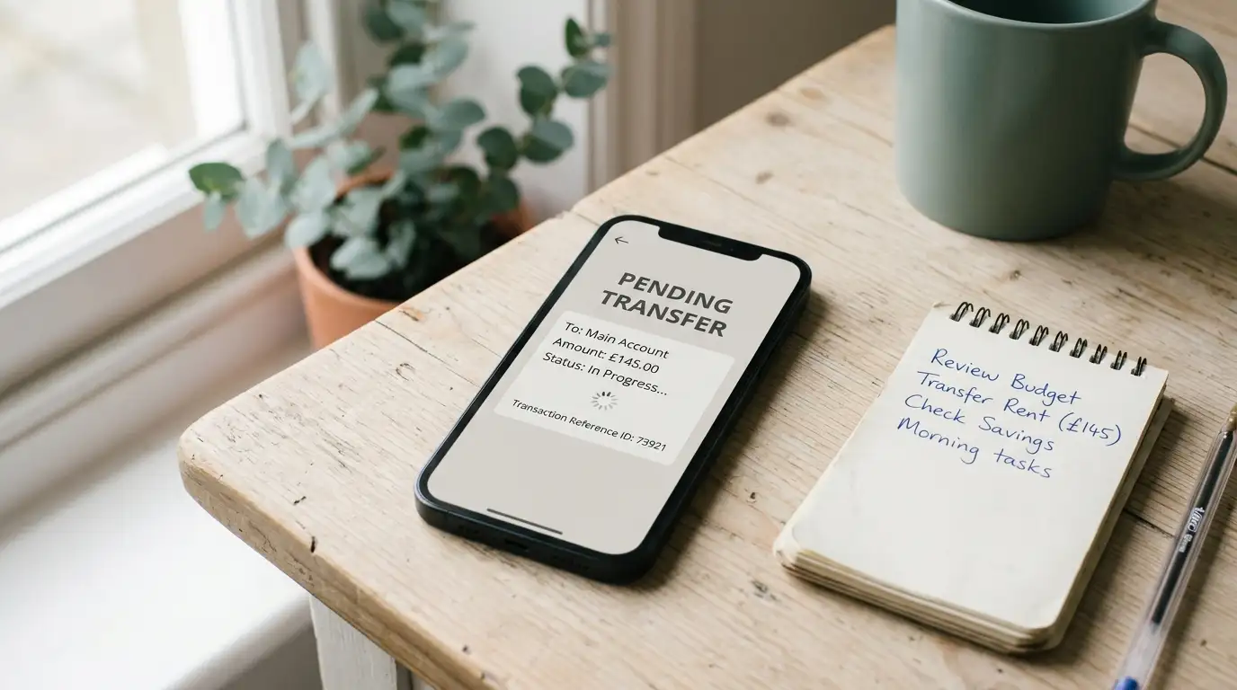Smartphone showing a pending withdrawal beside a notepad in an Australian home office
