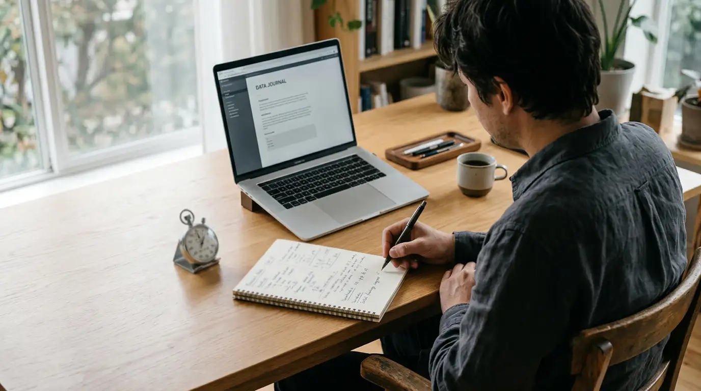 Person timing a transaction on a laptop with a stopwatch and handwritten notes