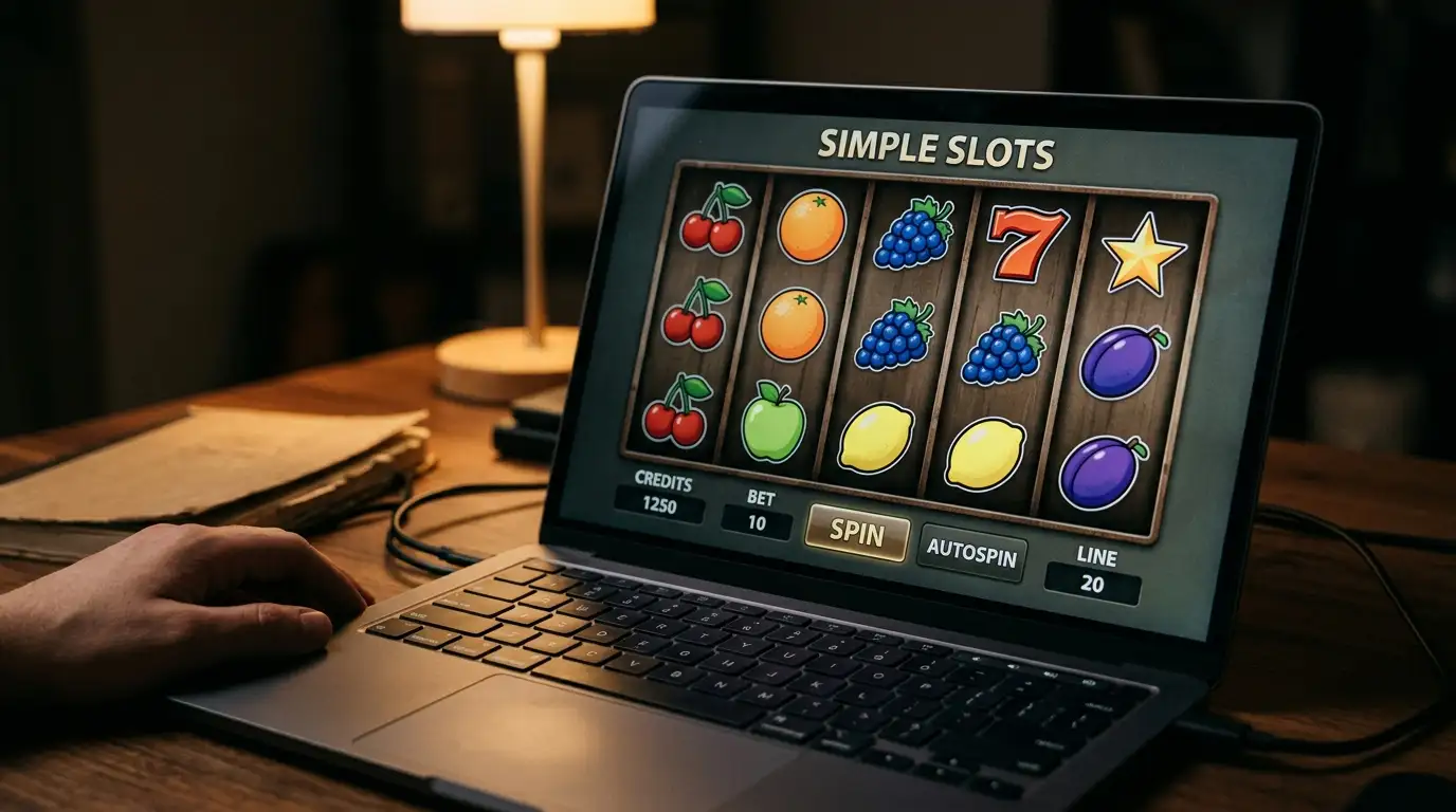 Close-up of generic spinning reels on a laptop screen in a quiet room