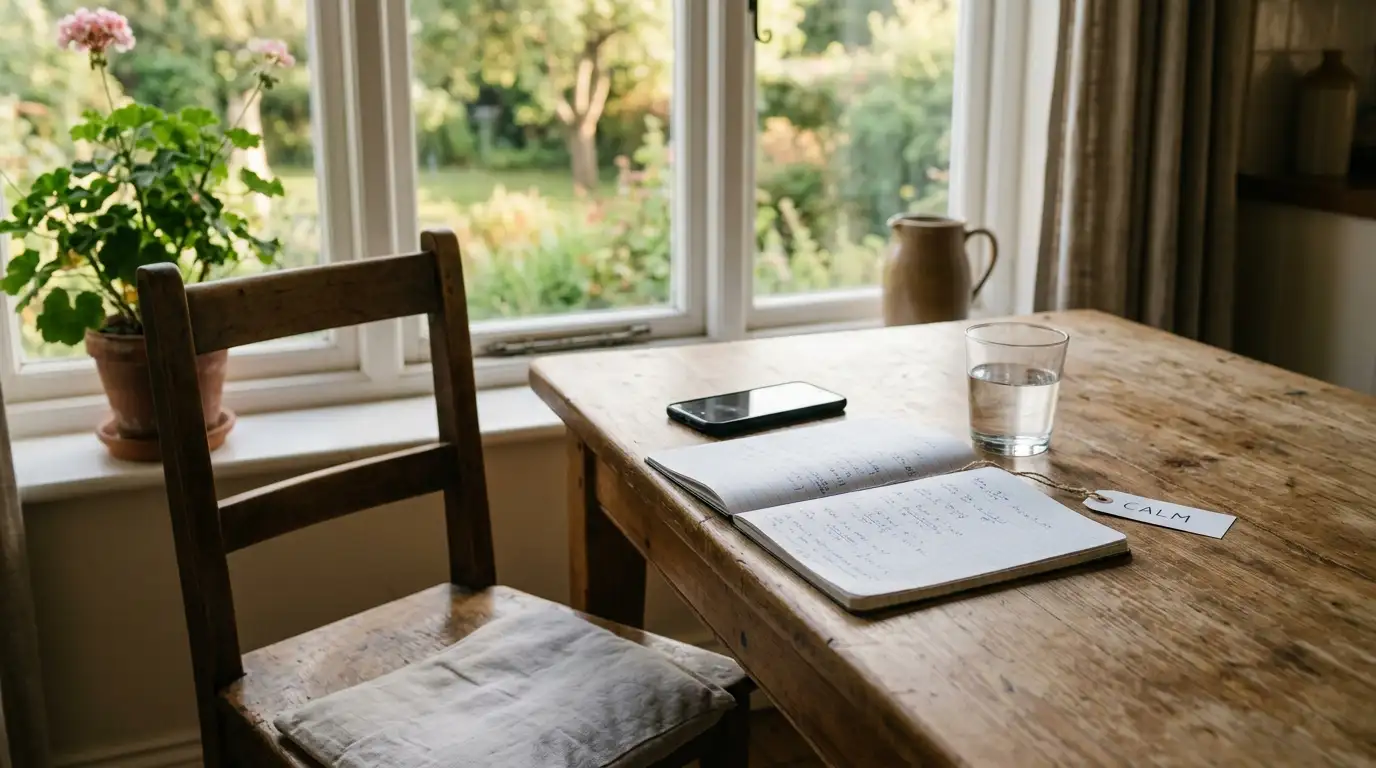 Quiet kitchen table with a notebook of spending limits and a switched-off phone