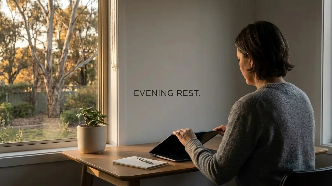Person closing a laptop on a quiet desk near a window in the late afternoon