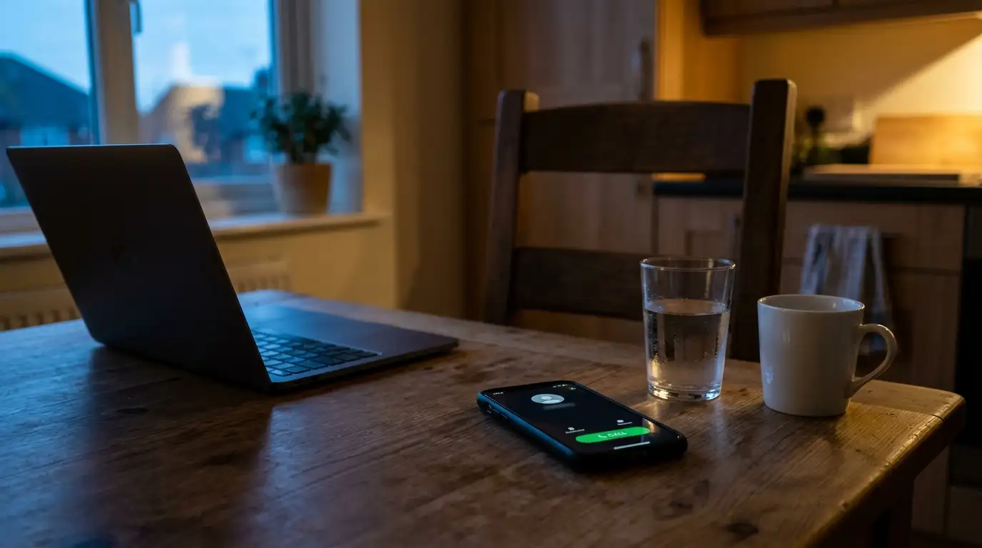 Quiet kitchen table with a closed laptop and a phone showing a helpline contact screen