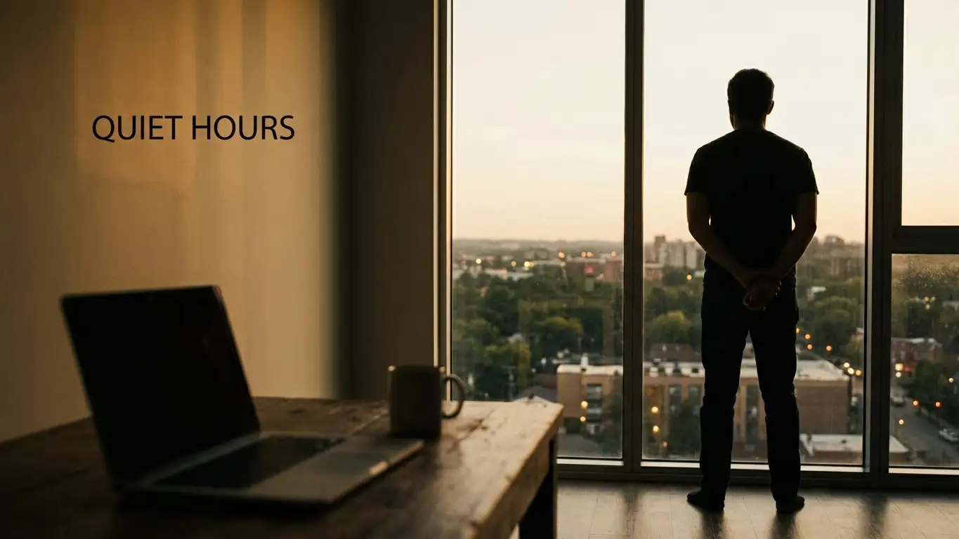 Person stepping away from a closed laptop at a window in soft evening light