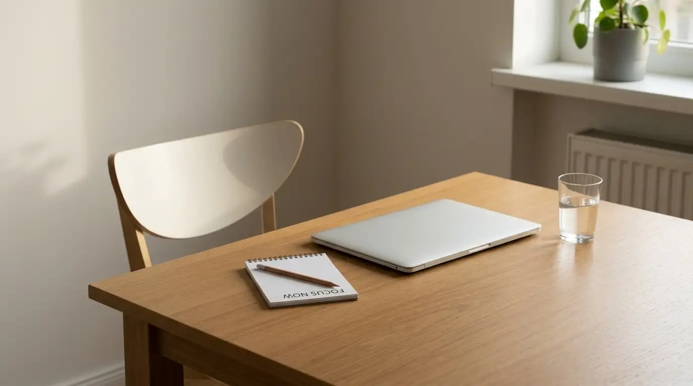 Empty kitchen table with a closed laptop and a glass of water beside a notepad