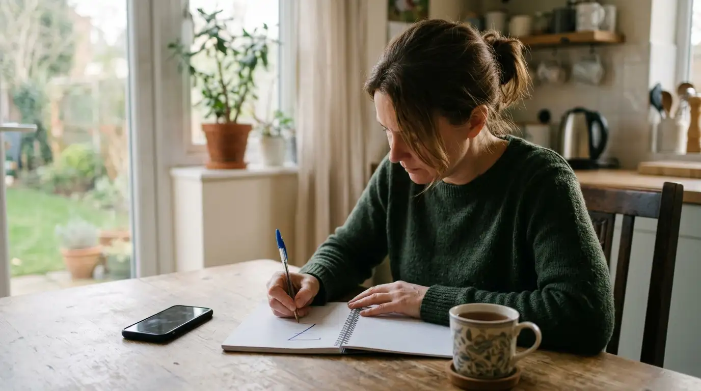 Person at a kitchen table writing a spending figure in a notebook with the phone face down
