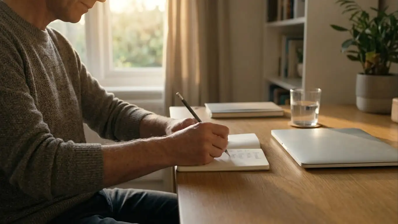 Person writing a short session budget in a notebook beside a closed laptop