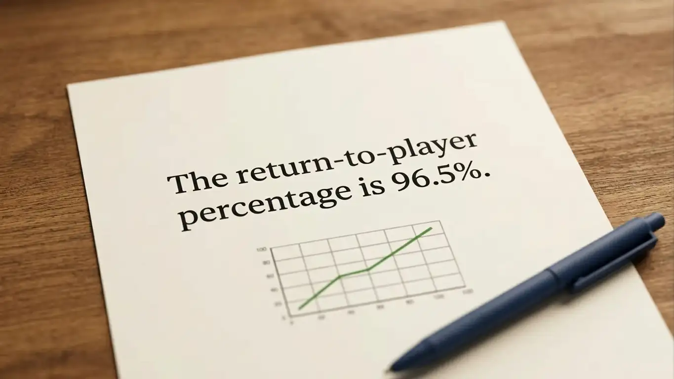 Printed game information panel showing a return to player percentage