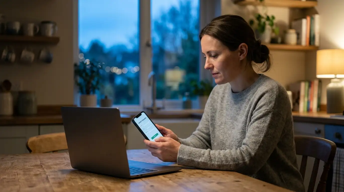 Person checking a phone banking screen late in the evening while waiting on a same day payout