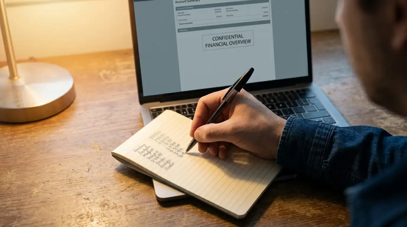 Hand writing deposit and fee figures in a notepad beside a laptop showing a payments page