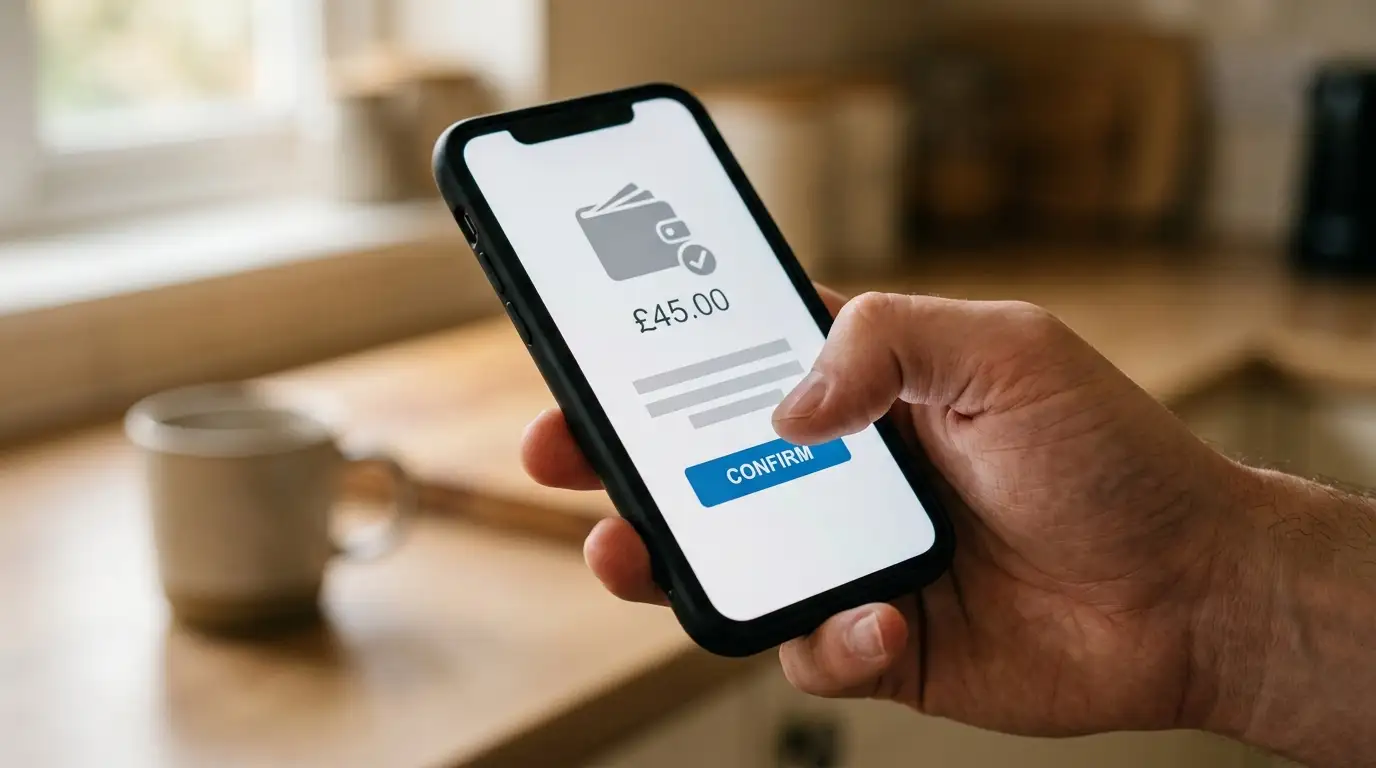 Person tapping a smartphone wallet app to confirm an instant casino deposit
