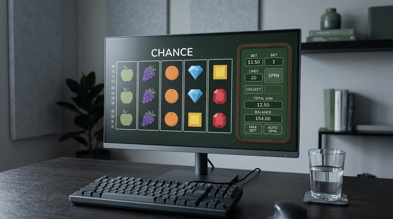 Generic slot reels and a live table layout shown on a monitor without branding
