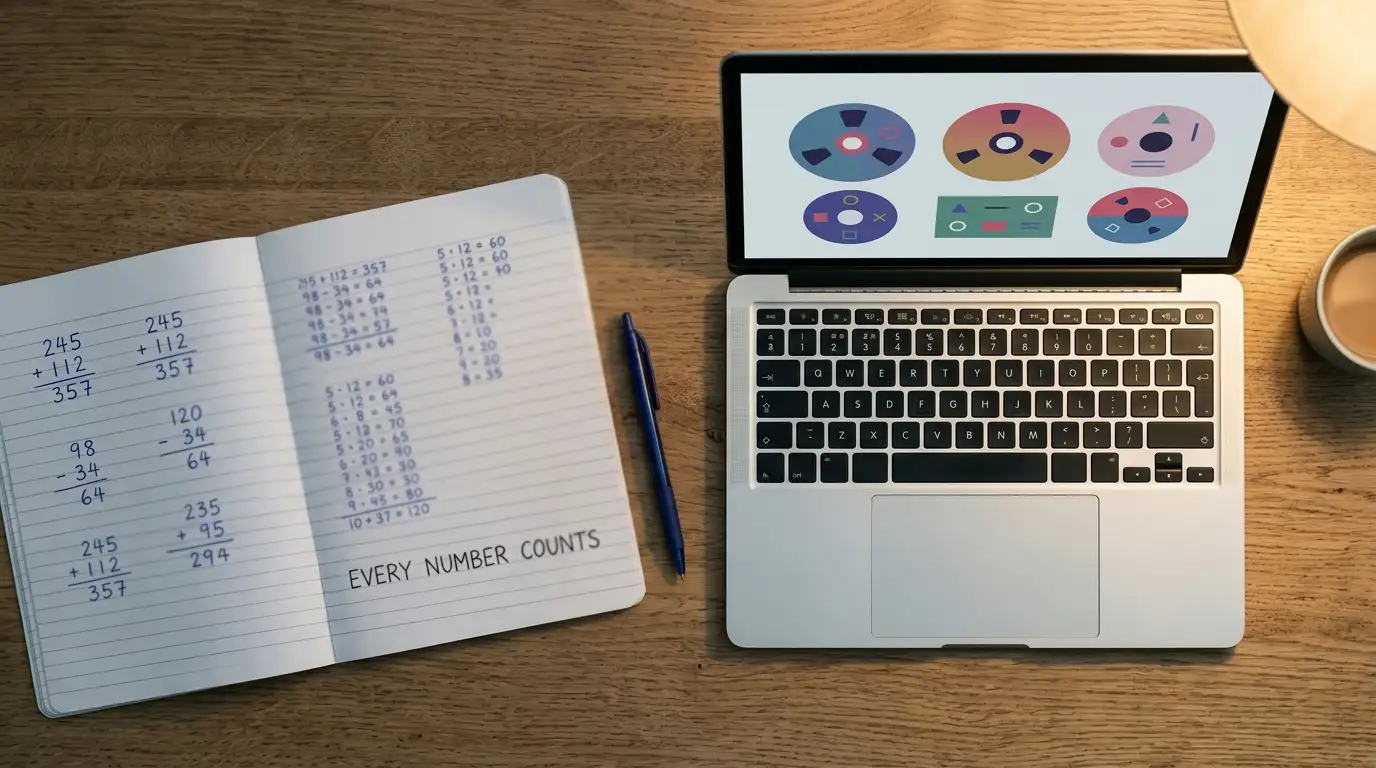 Notepad with handwritten sums beside a laptop showing generic spinning reels