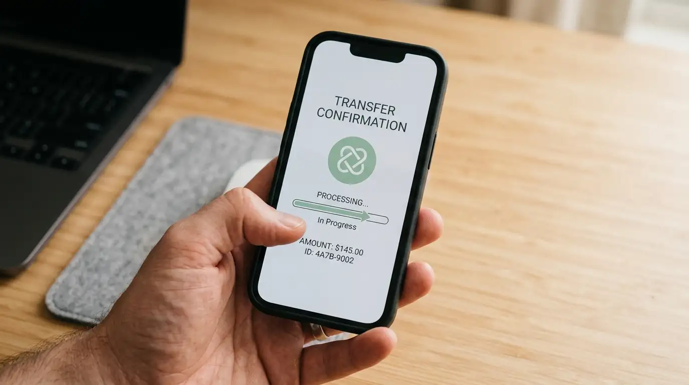 Close-up of a hand holding a phone displaying a crypto transfer confirmation screen