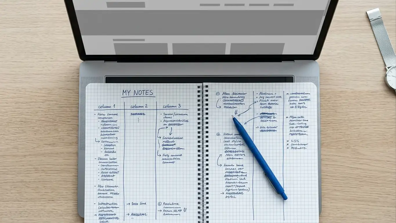 Open notebook with handwritten comparison notes beside a laptop showing a neutral website