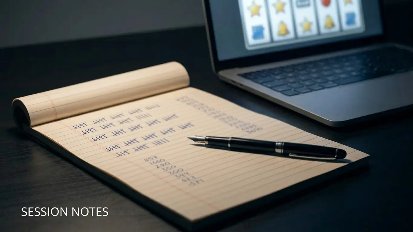 Notepad with handwritten spin counts next to a laptop showing generic reels