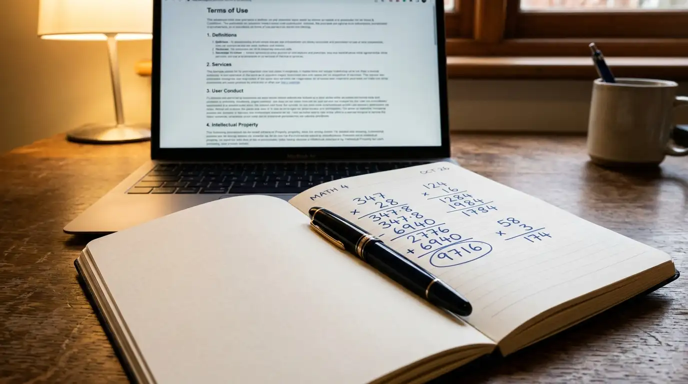 Notepad with handwritten multiplication working beside a laptop displaying plain bonus terms