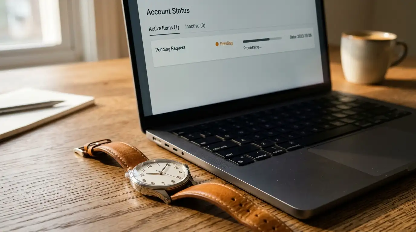 Laptop screen showing a plain pending withdrawal status beside a wristwatch on a desk