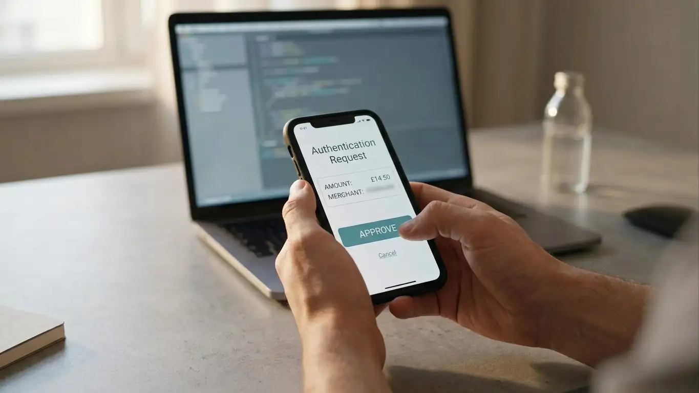 Person checking a bank authentication screen on a phone beside an open laptop