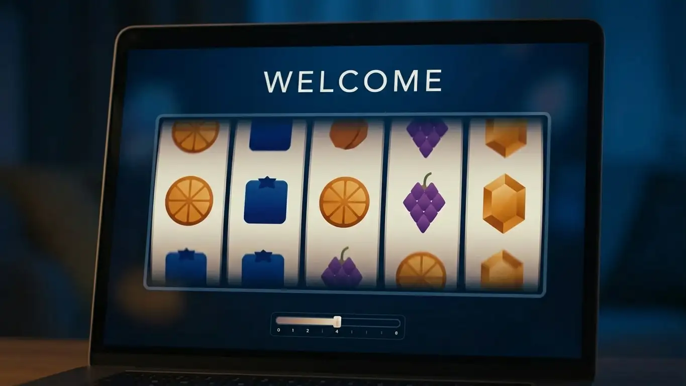 Generic pokies reels showing a small stake set for a twenty dollar balance