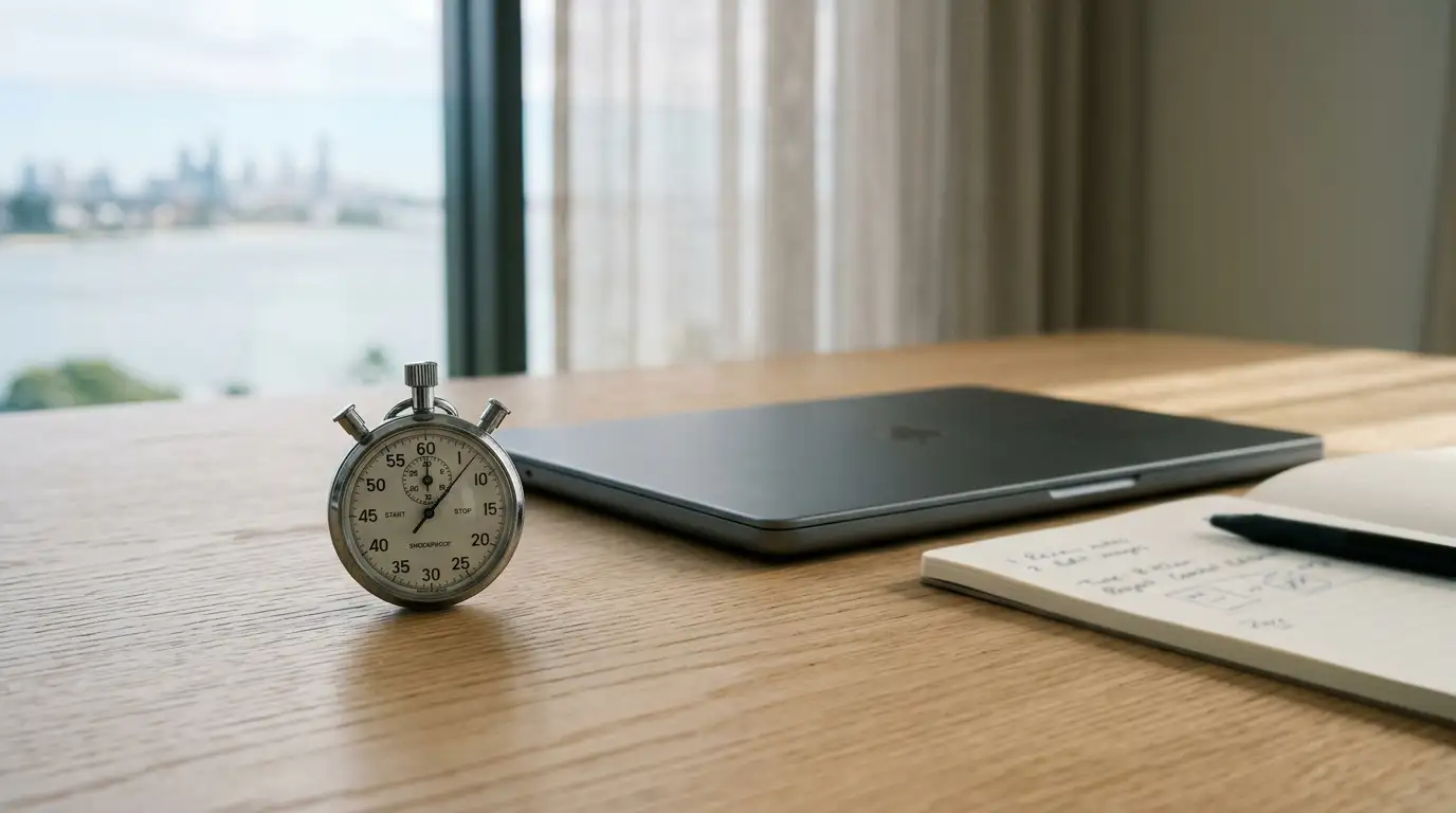 Stopwatch beside a laptop showing a completed casino withdrawal in under one hour