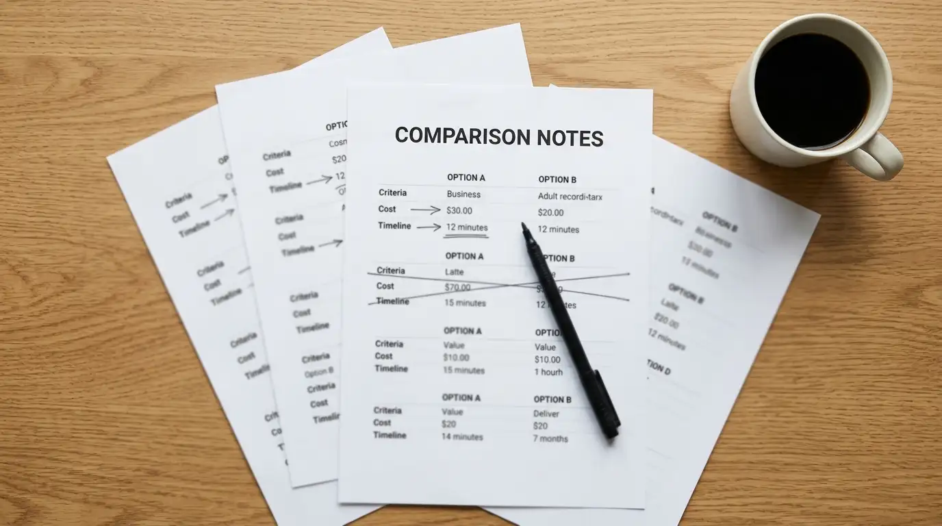 Comparison notes spread across a desk with a pen resting on a marked-up shortlist