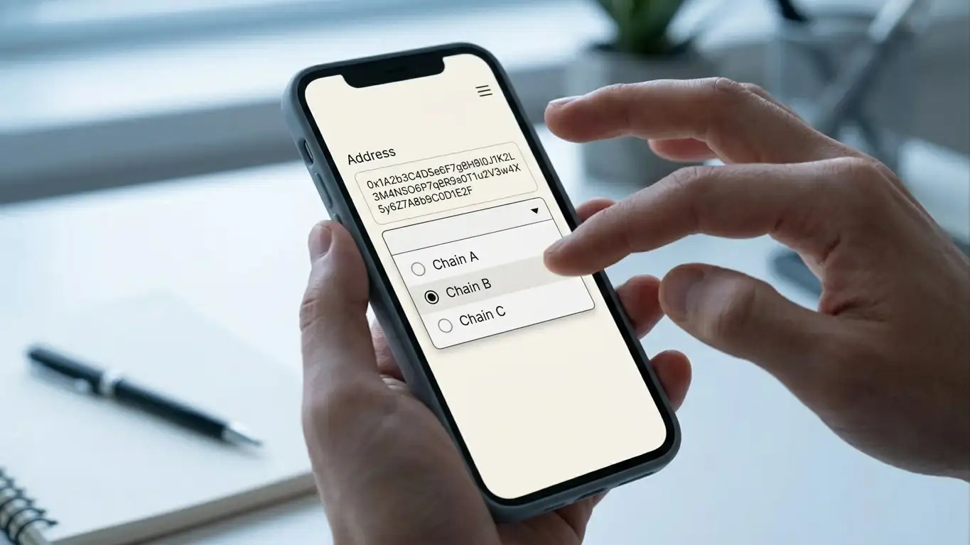 Close-up of a phone wallet screen with a network selection menu open above a copied deposit address