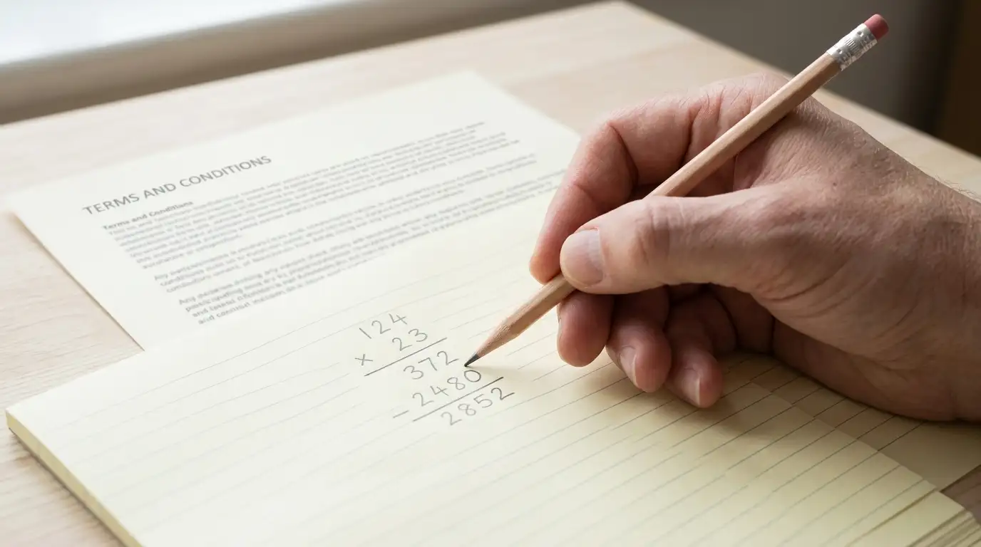 Hand working through multiplication on a notepad beside a printed terms sheet