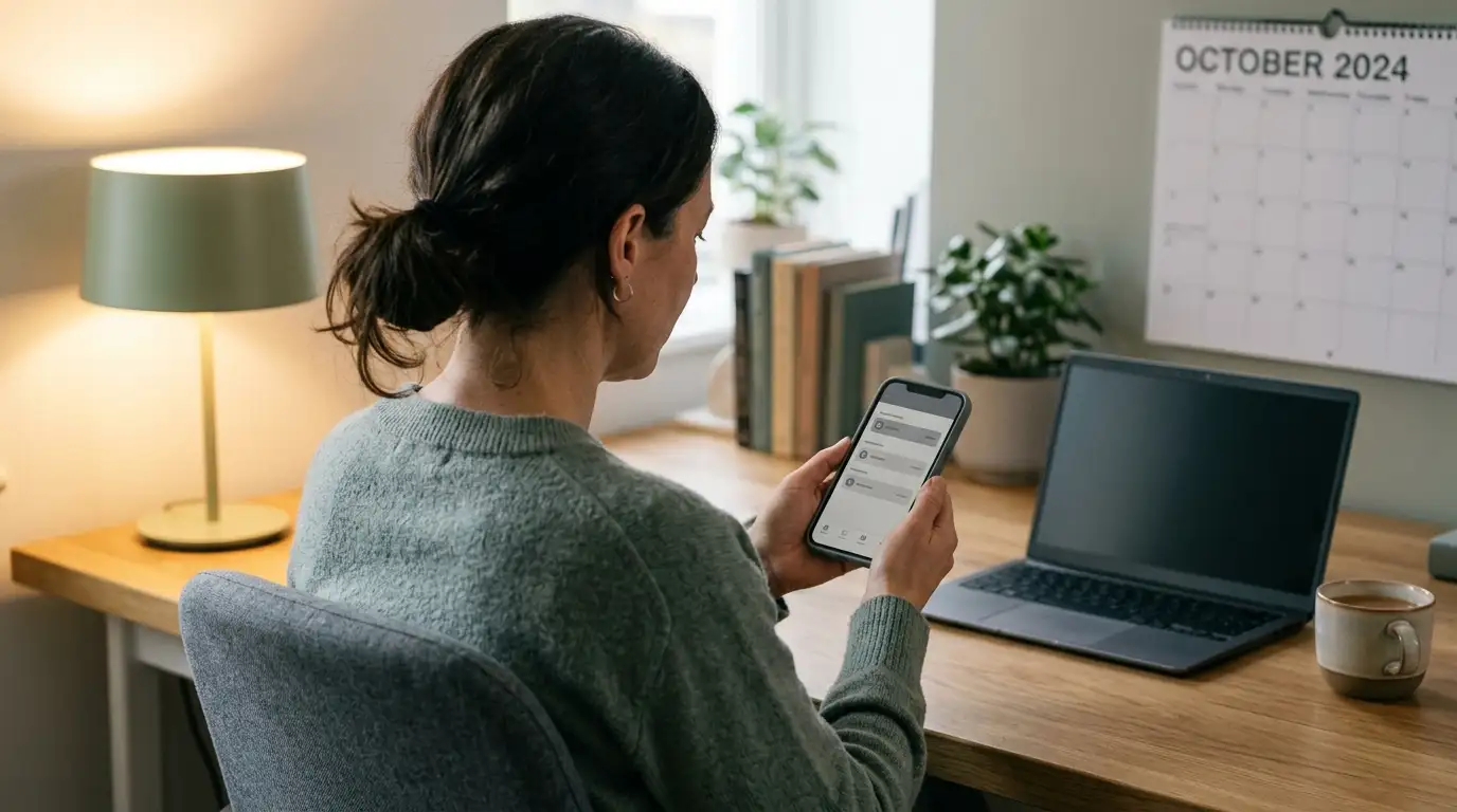 Person checking a phone banking app while seated at a tidy home office desk