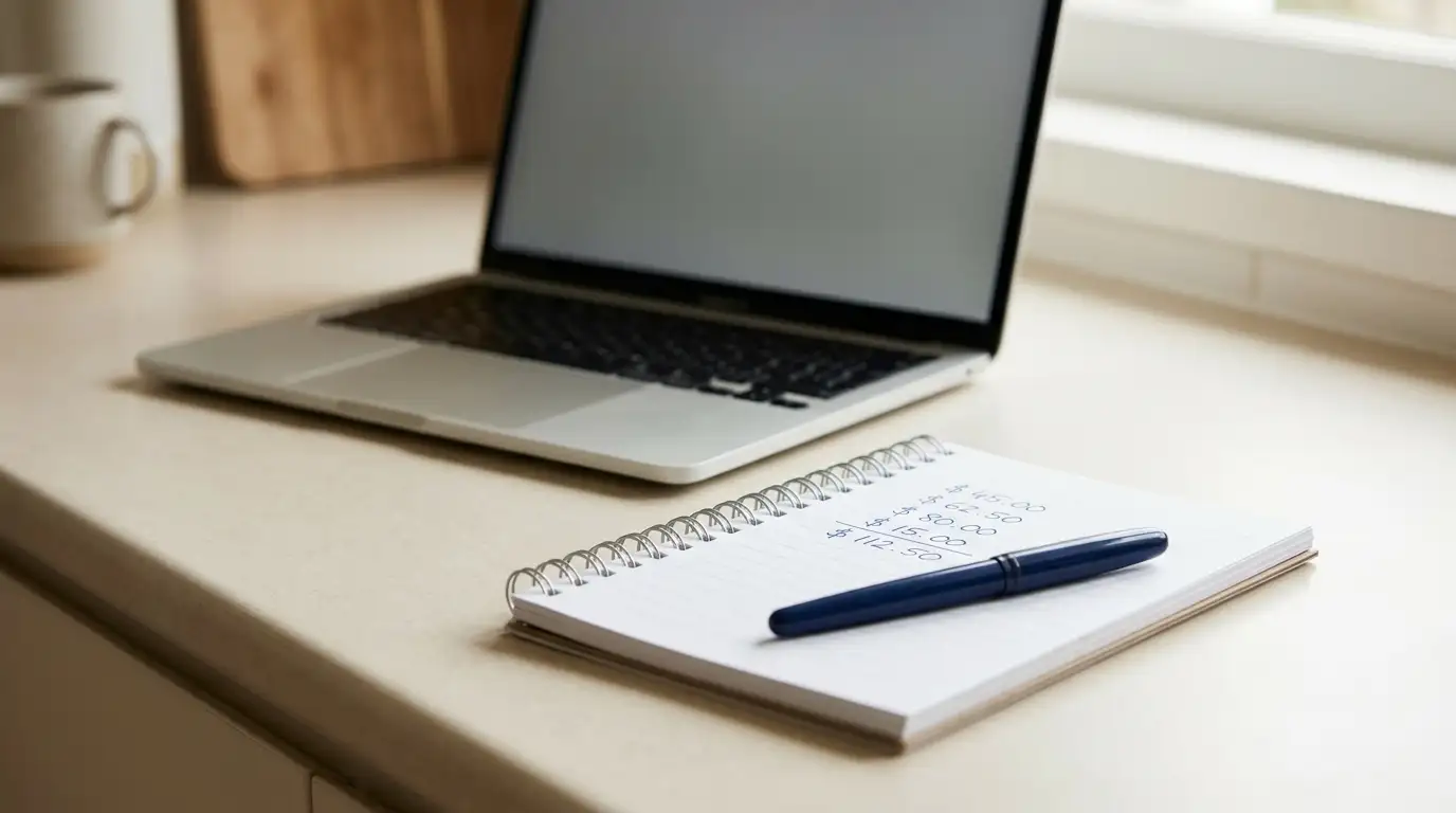 Notepad listing minimum deposit figures next to an open laptop on a kitchen bench