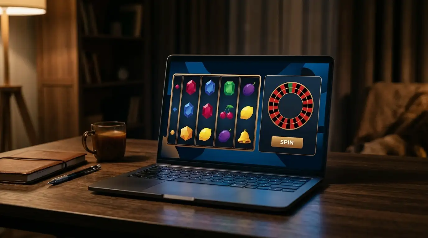 Generic spinning reels and a roulette wheel on a laptop screen without branding