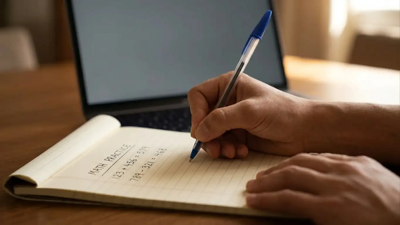 Person working through wagering figures with a pen on a notepad beside a laptop