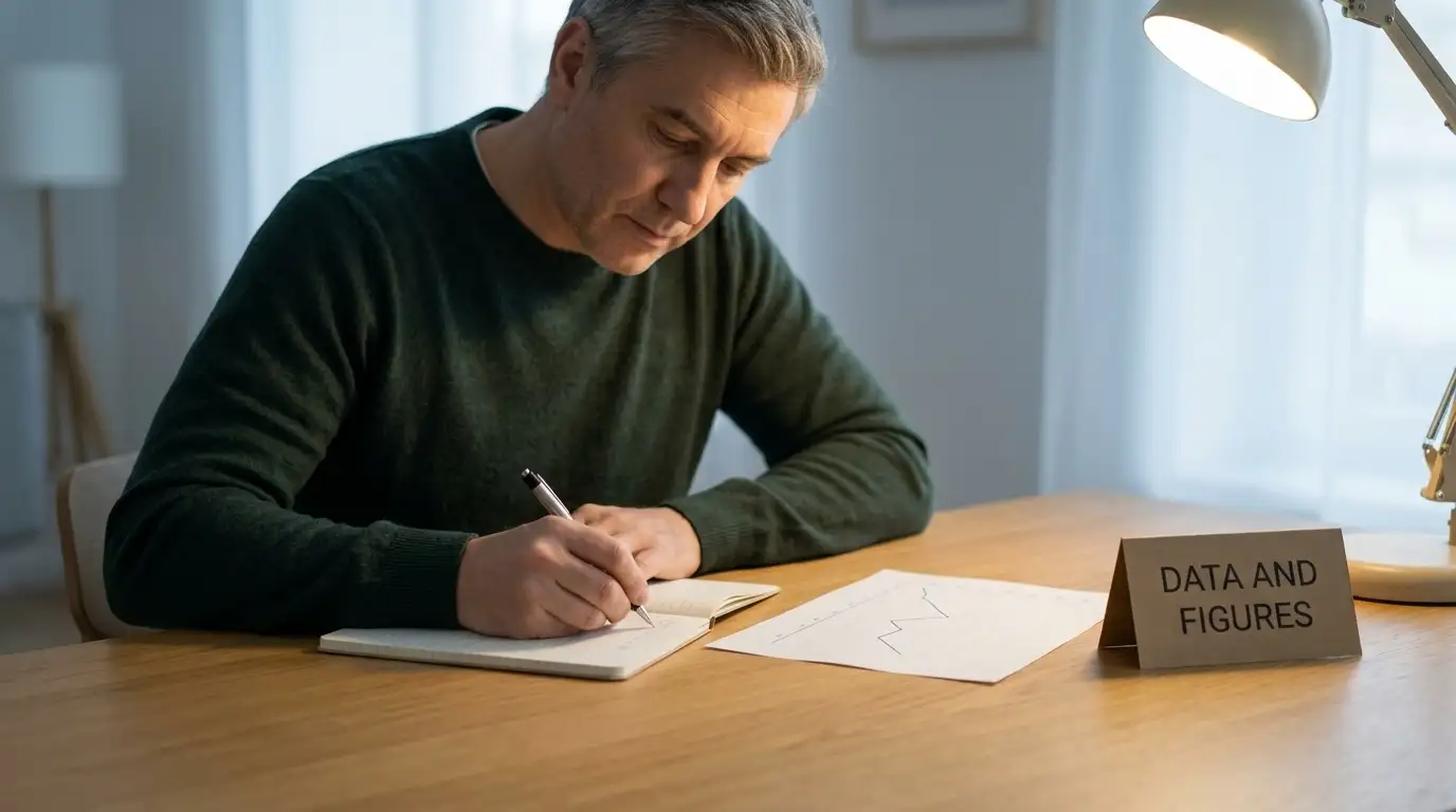 Person working through figures with pen and notepad at a quiet desk