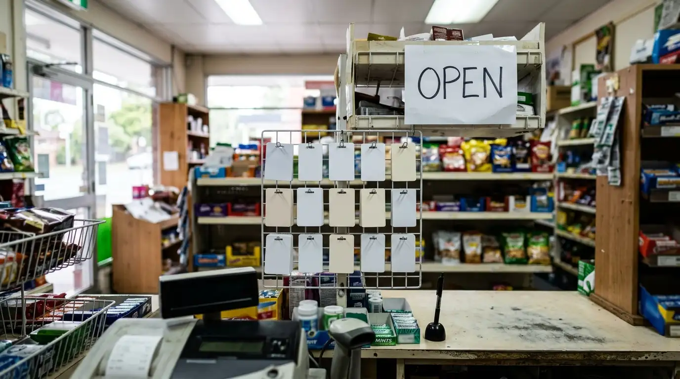 Suburban Australian convenience store counter with a rack of blank prepaid voucher cards